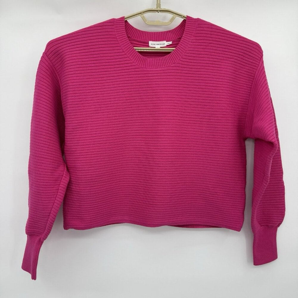 Good American Ribbed Crewneck Sweater Soft Fuchsia Pink Pullover Size 2 Oversize